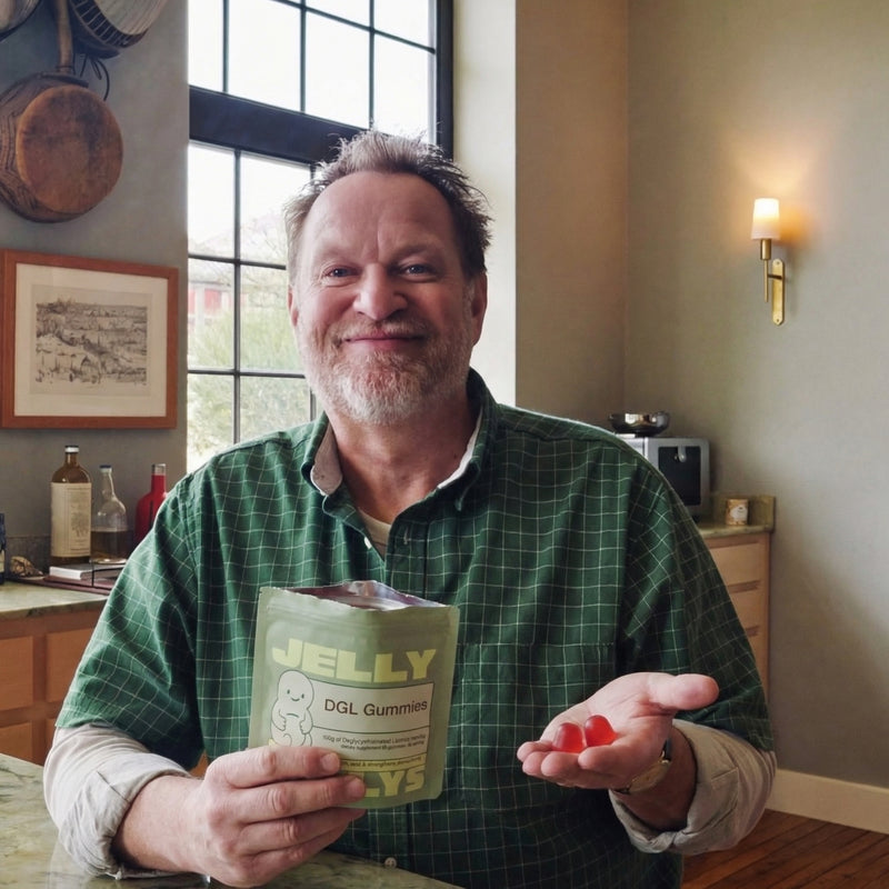 Man holding a Belly Jellys gummy at his kitchen counter