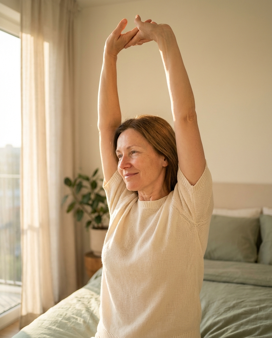 Woman stretching in morning light after restful sleep