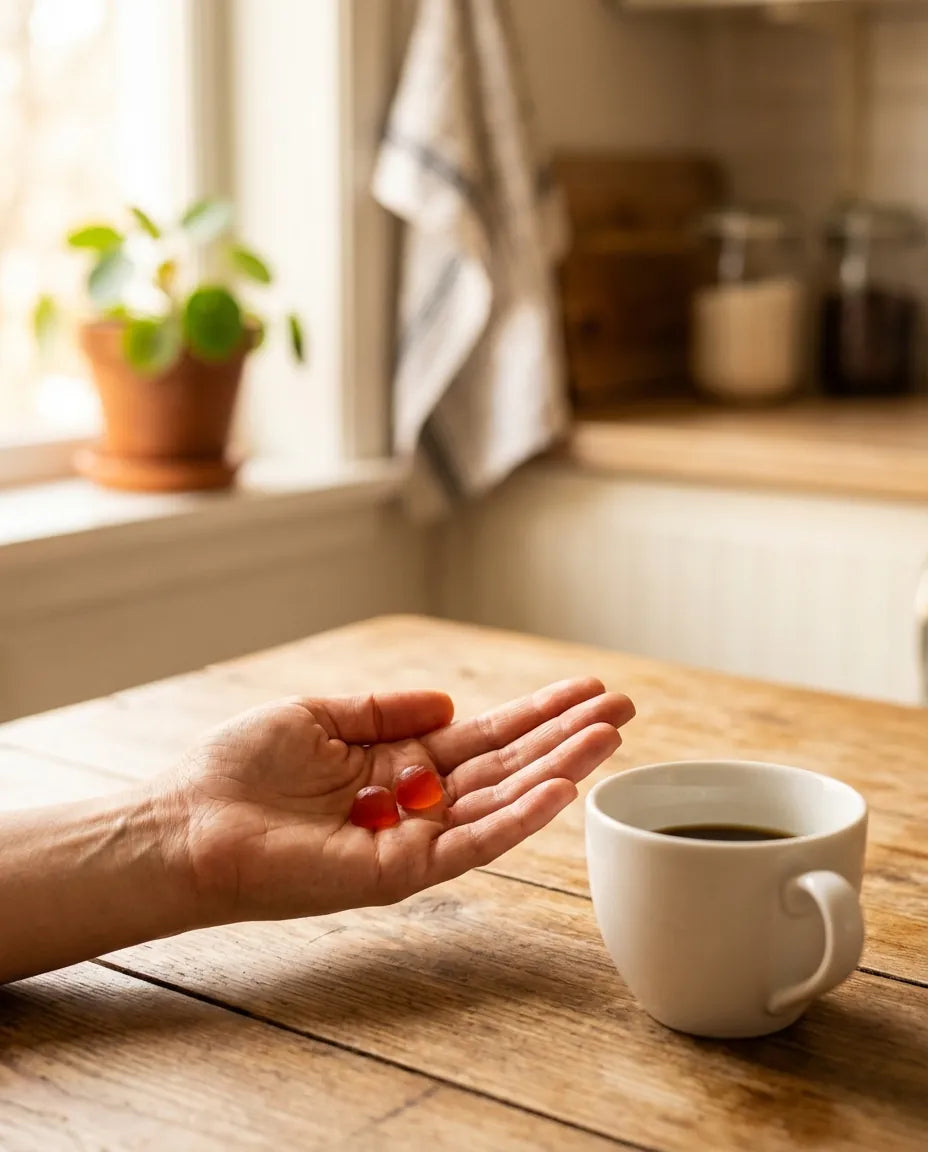 Gummies in hand next to a morning coffee cup