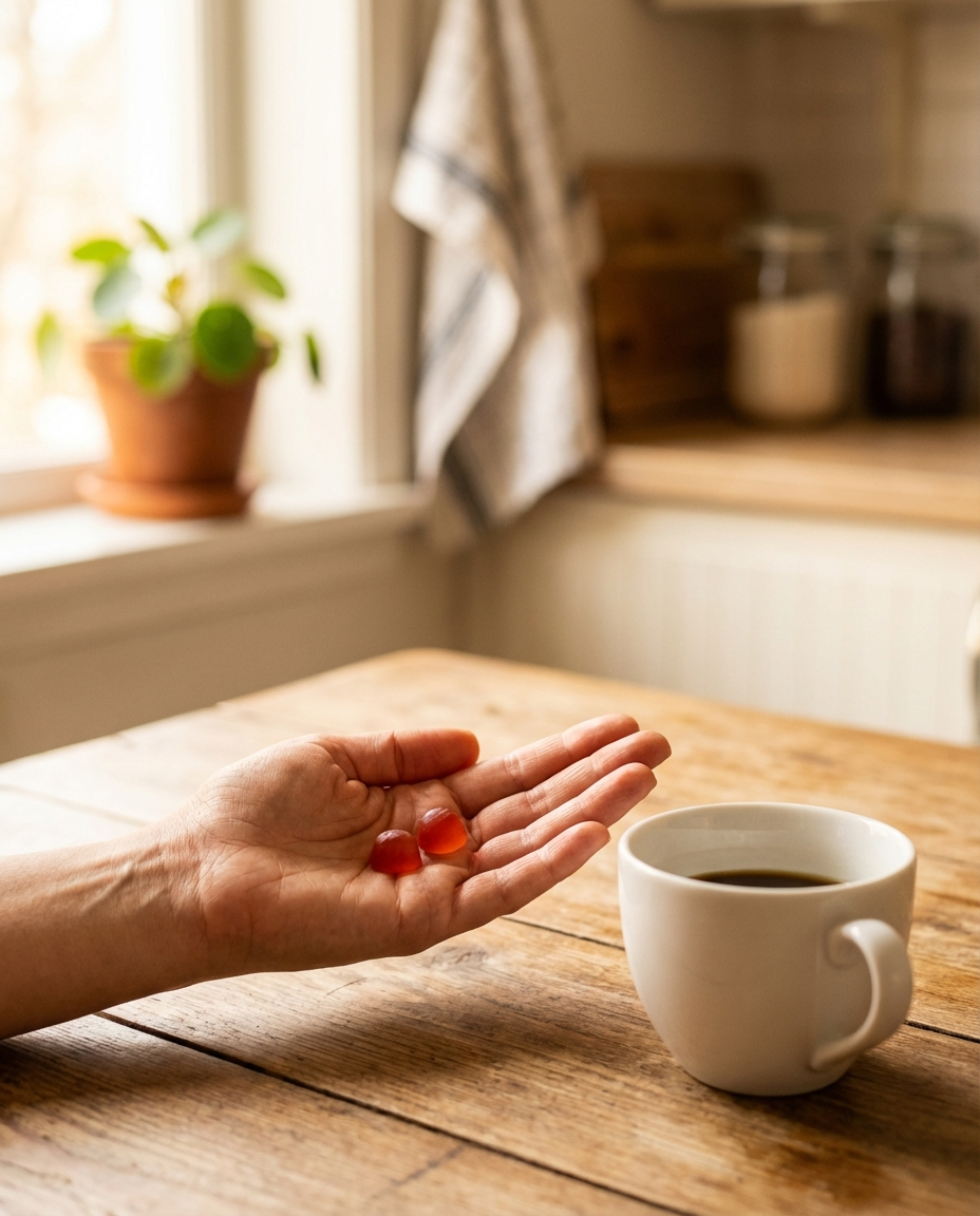 Gummies in hand next to a morning coffee cup
