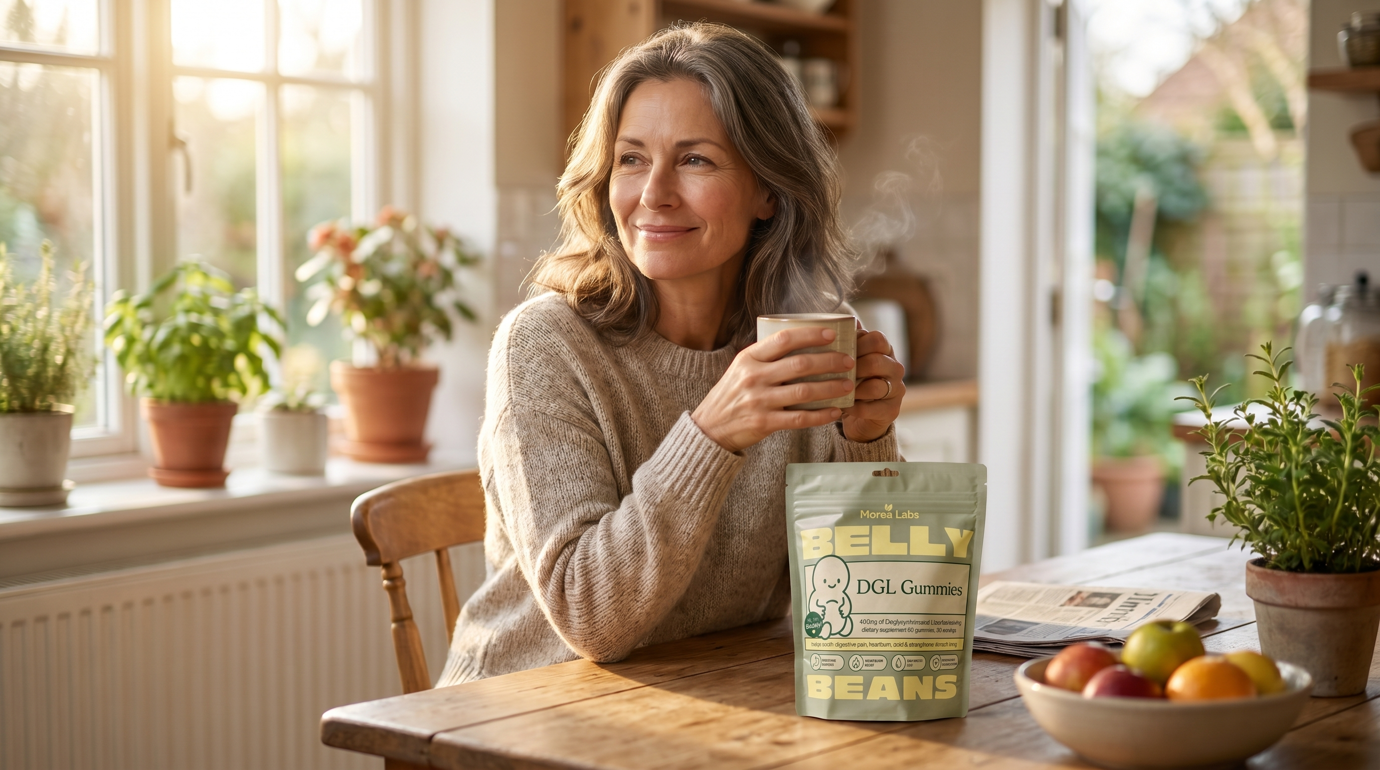 Woman enjoying a calm morning with Belly Beans on the table