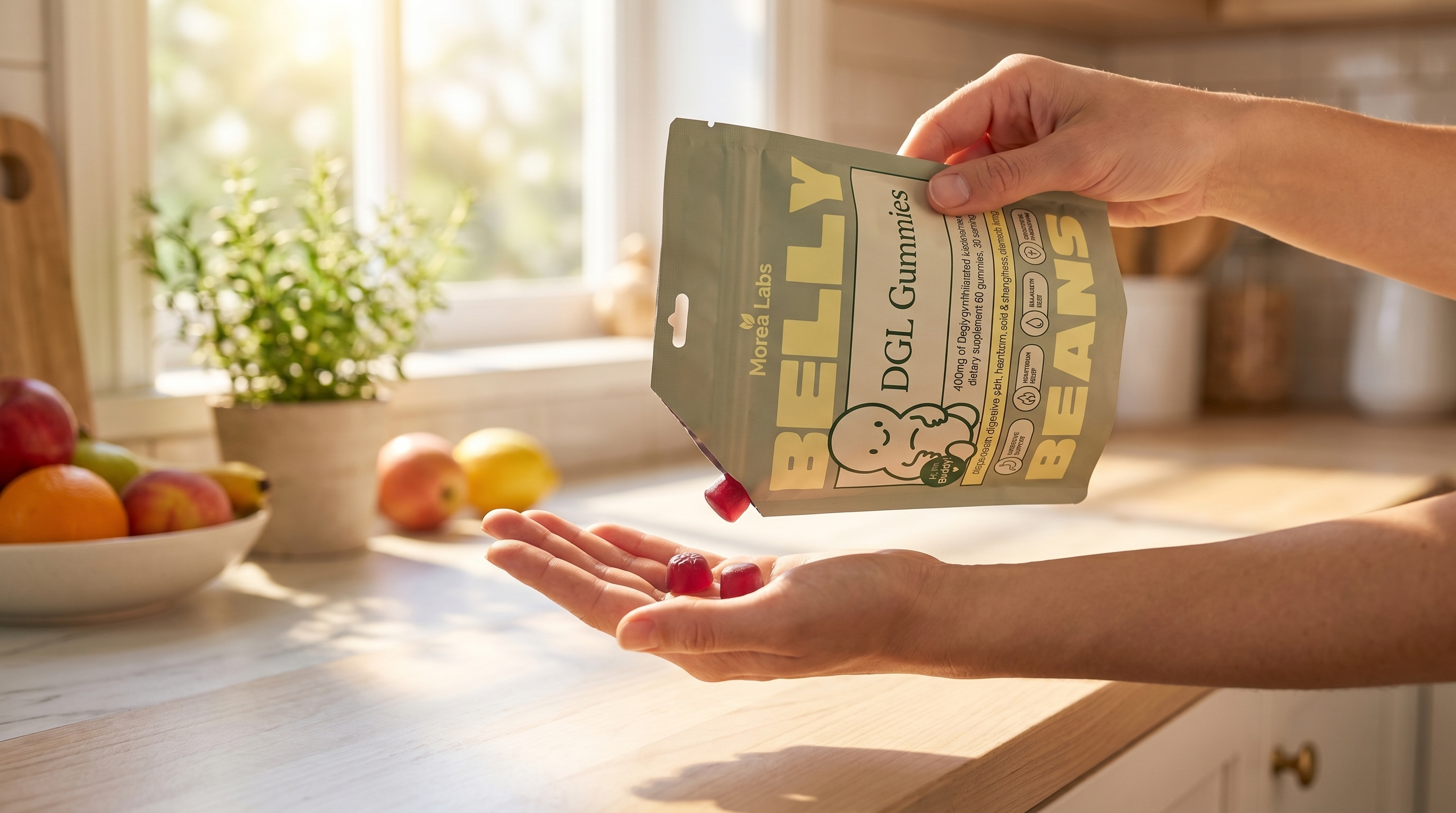 Two berry gummies into the palm in a sunny kitchen