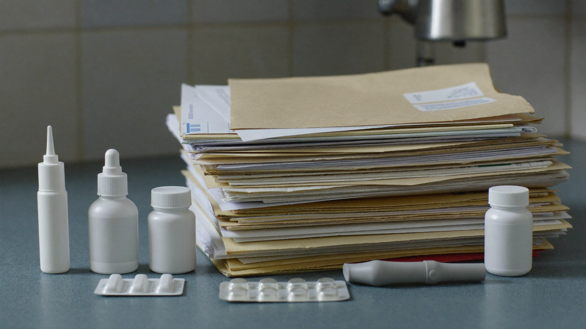 A kitchen table stacked with referral letters, test results, and remedies for conditions she never had