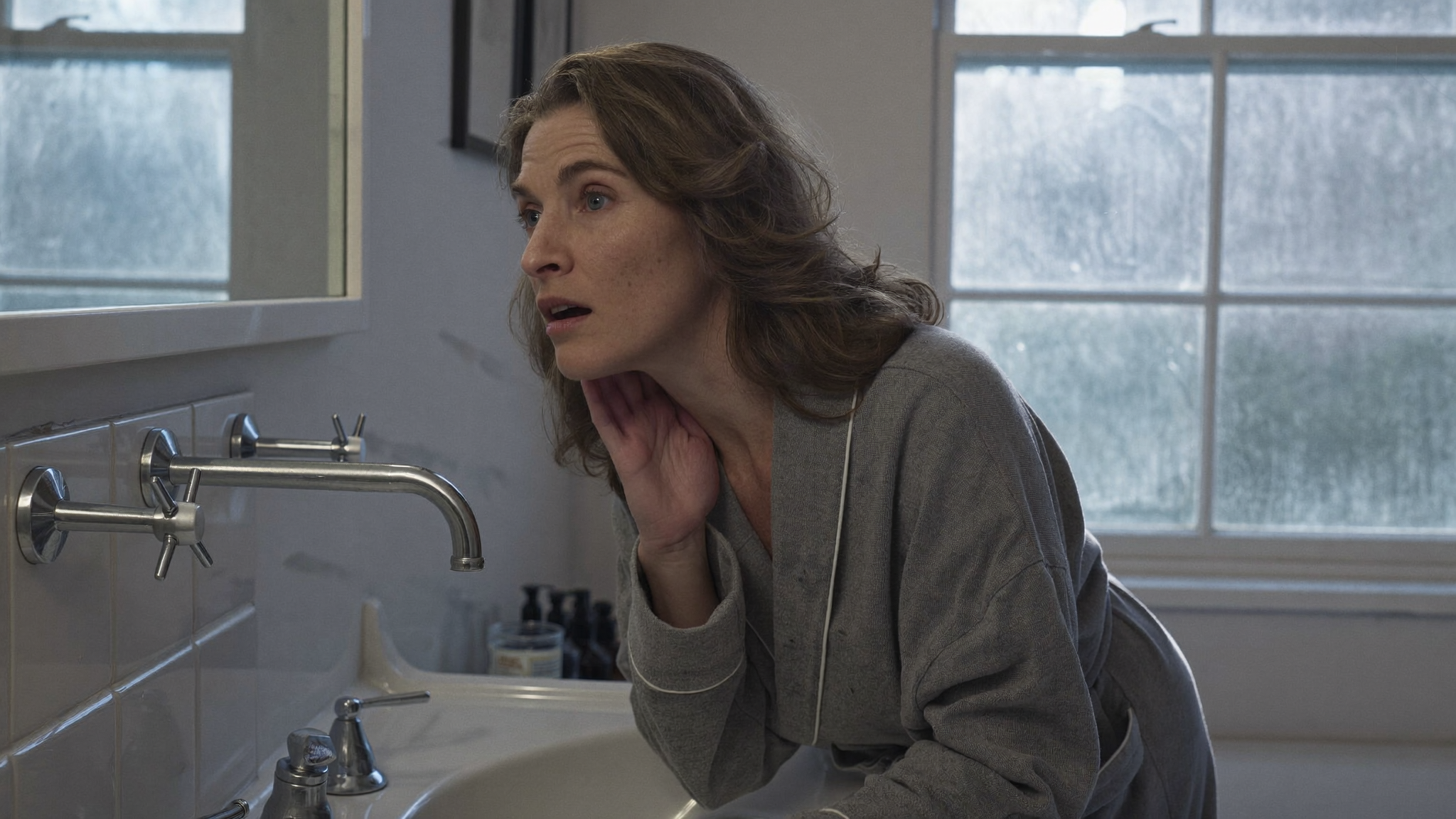 Woman at the bathroom sink in the early morning, hand at her throat