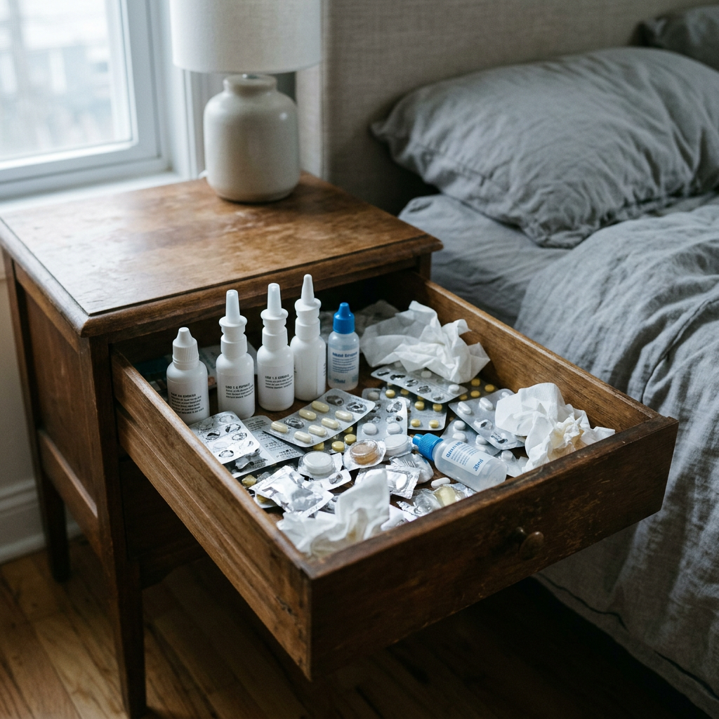 A drawer crowded with allergy remedies