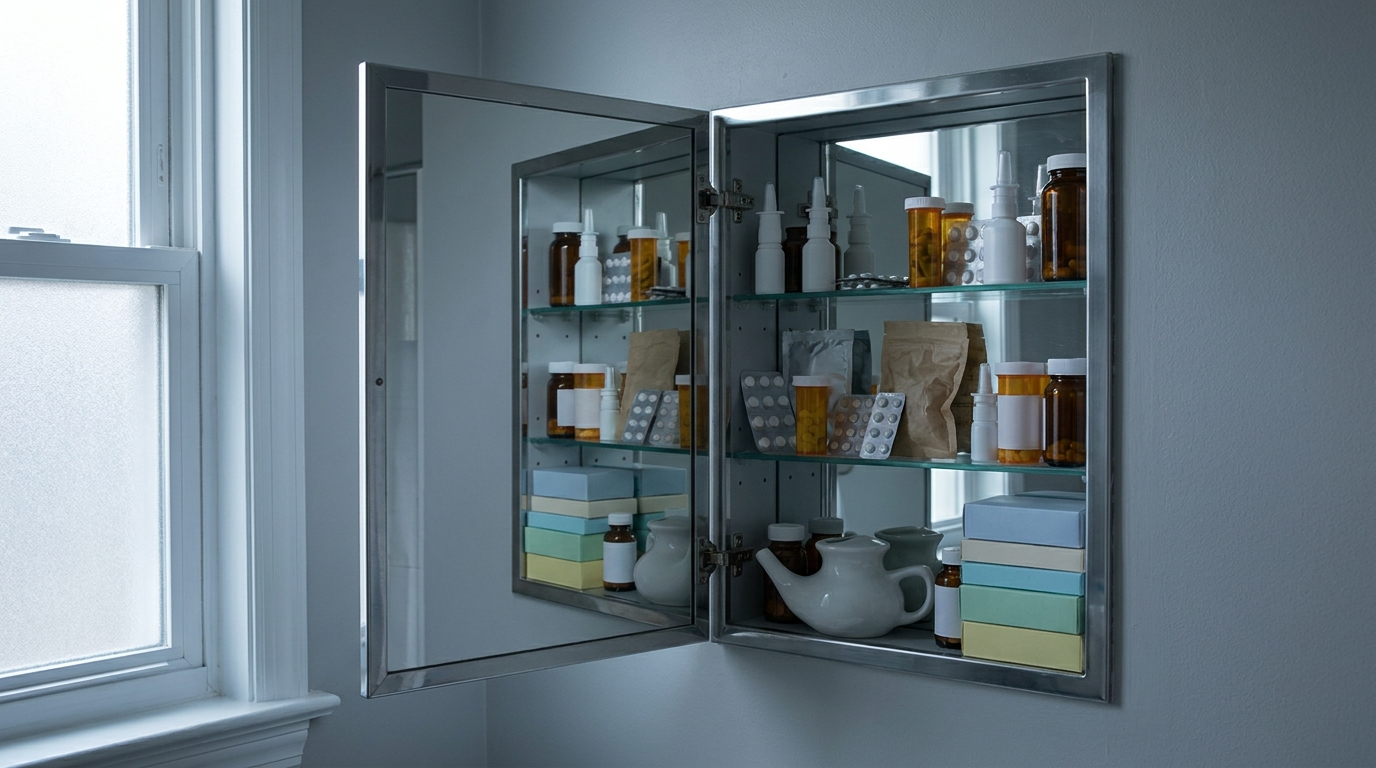 A medicine cabinet crowded with allergy remedies, none of them the answer