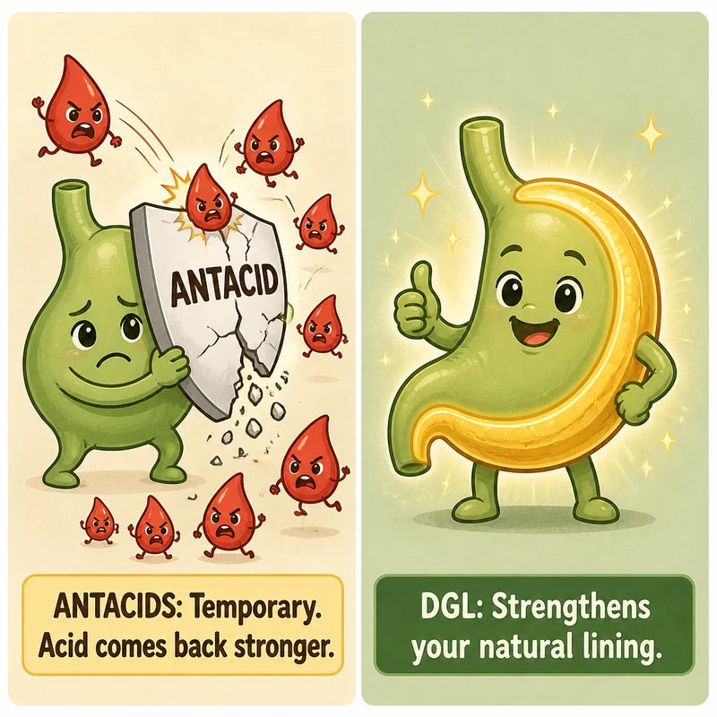 Antacids give temporary relief while DGL strengthens your natural stomach lining