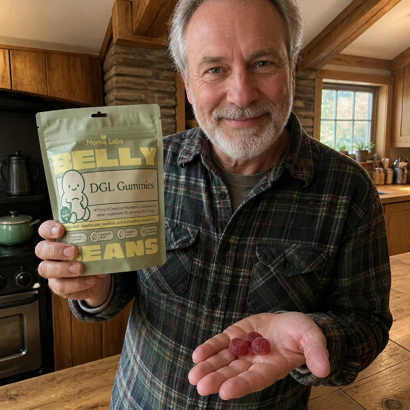 Man holding a Belly Beans pouch and gummies at his kitchen counter