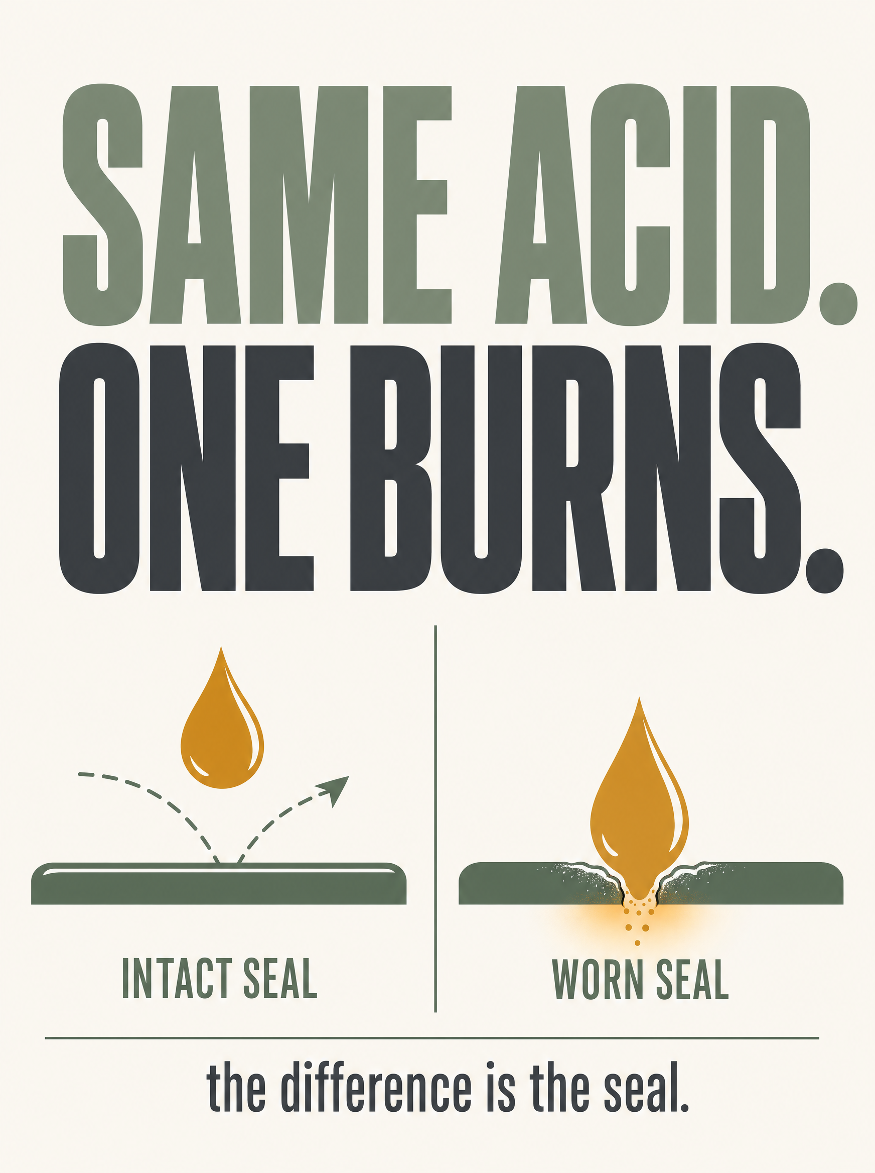 The same acid hitting two linings, one beads off the intact seal, one soaks into a worn patch