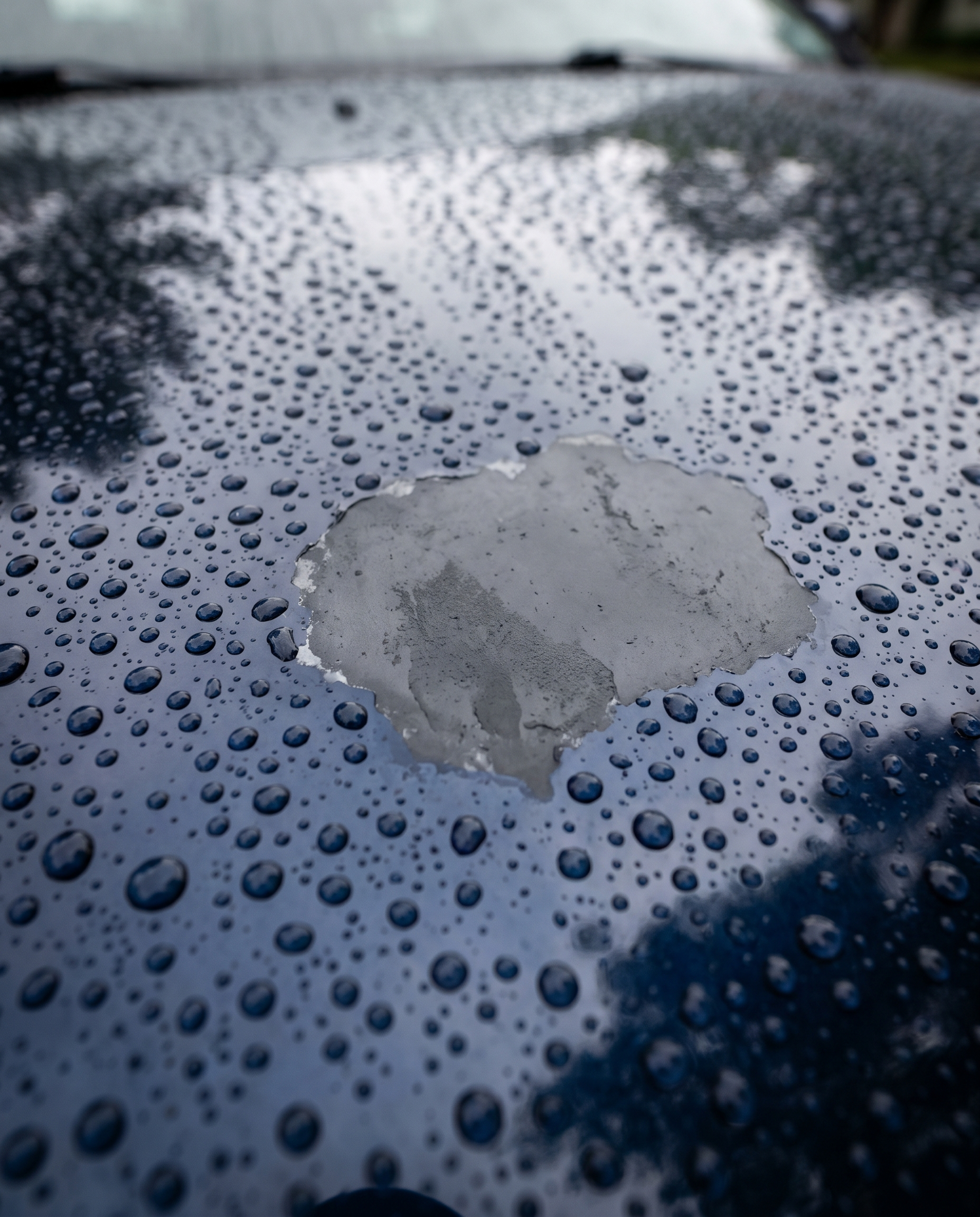 Rain beading off an intact clear coat but soaking into one worn-through bare patch