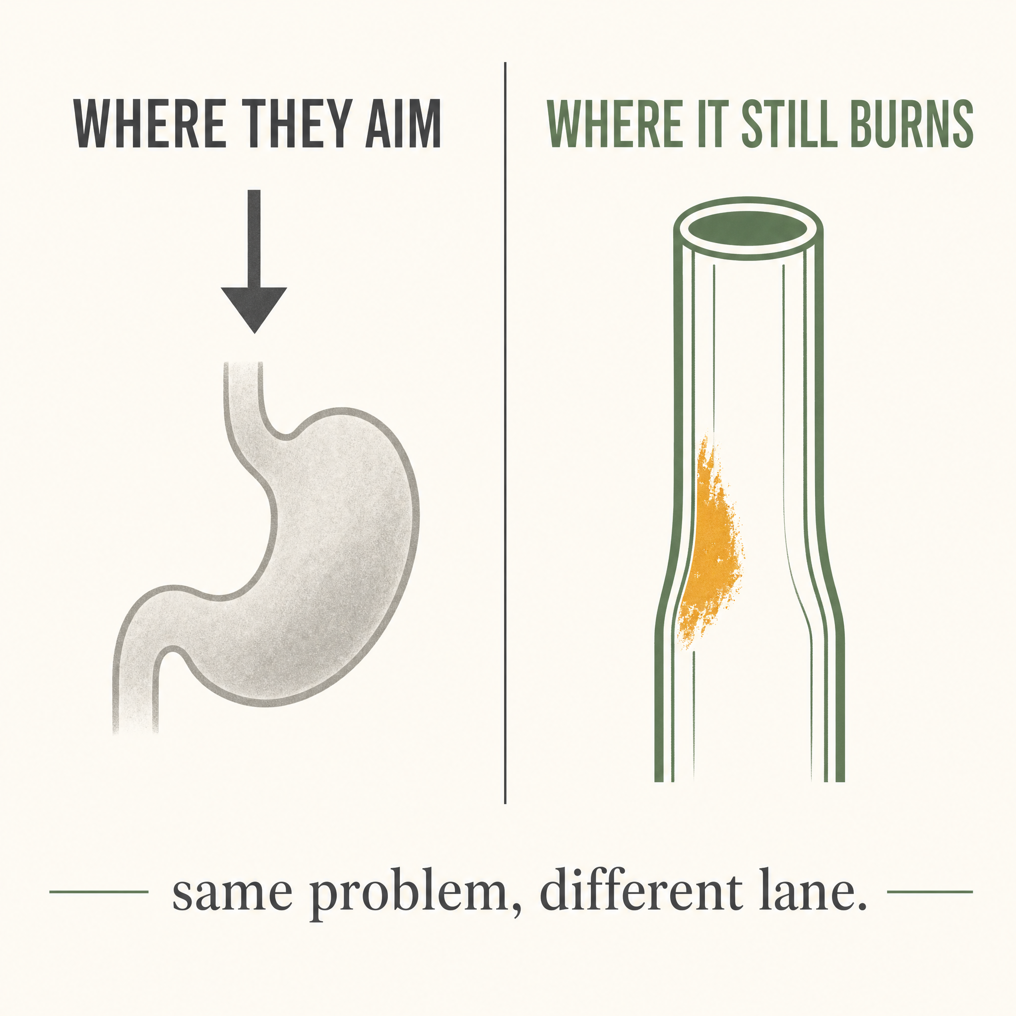 Acid reducers aim at the acid while the worn patch on the food pipe sits in a different lane