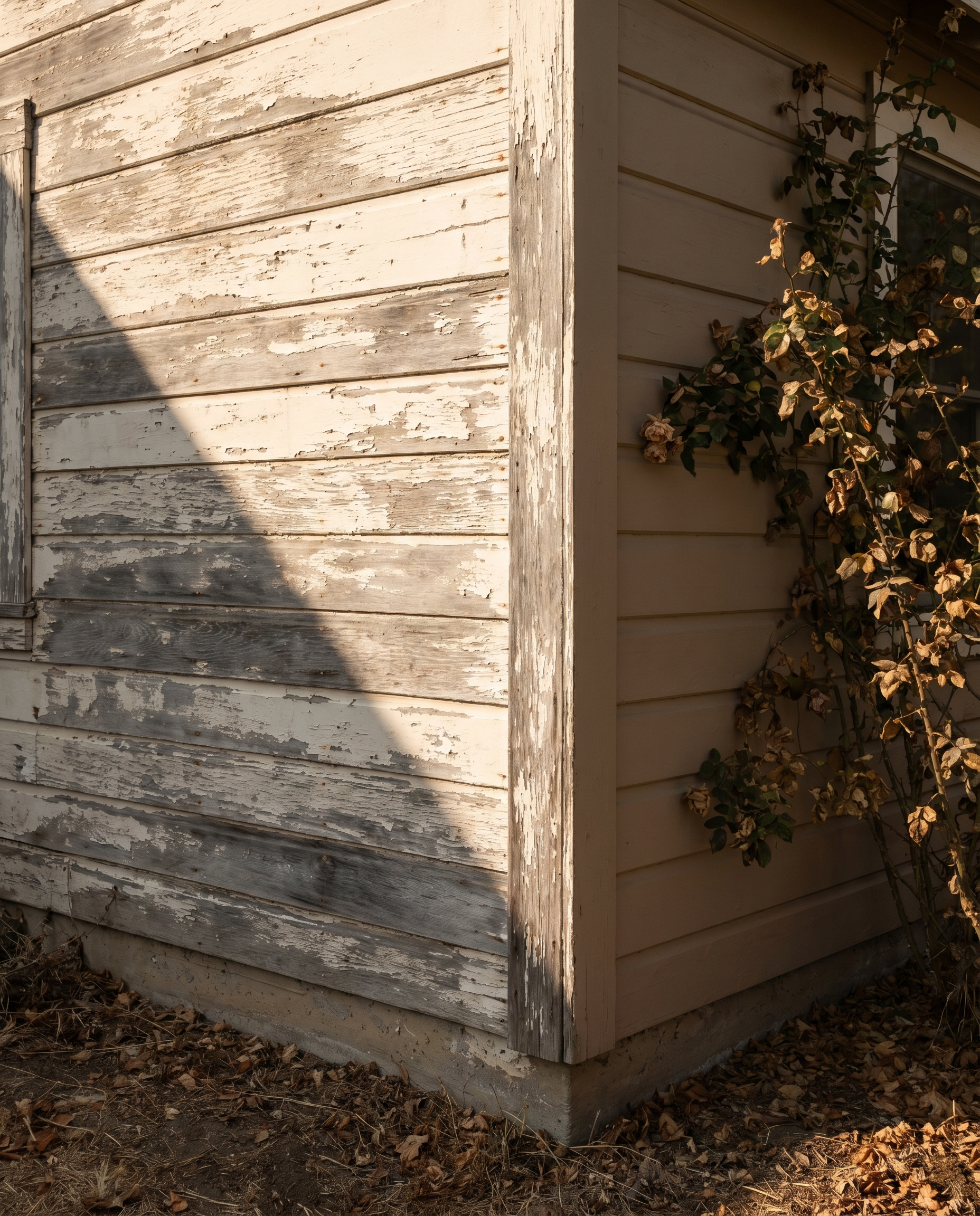 A weathered wall worn thin on one side, the same wall smooth on the shaded side