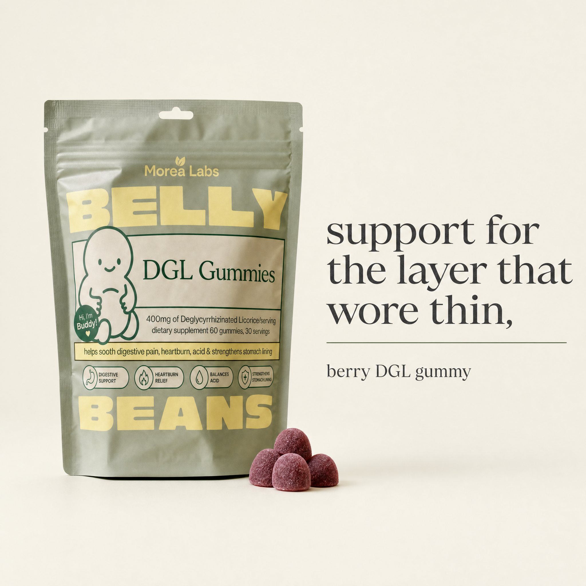 Belly Beans berry DGL gummies, support for the protective layer that wore thin