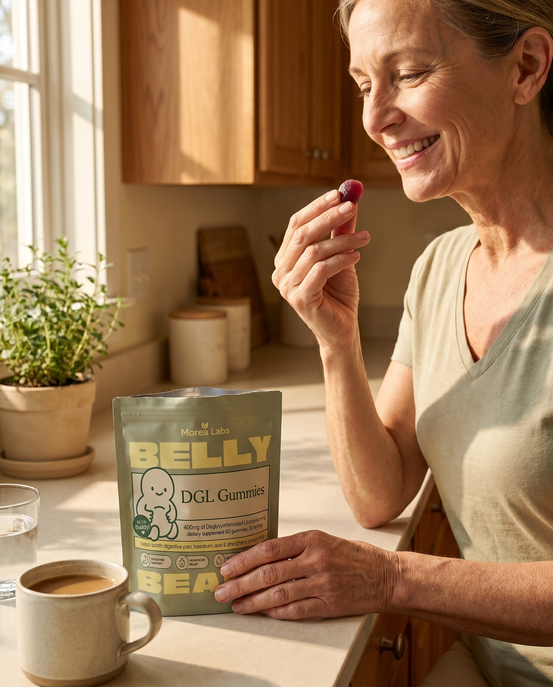 A woman taking a Belly Beans berry DGL gummy at her kitchen counter in the morning